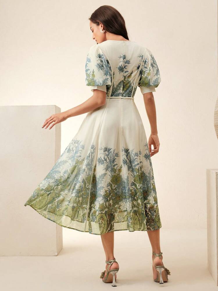 Women's Elegant Floral Print Short Sleeve V-Neck Belted Casual Vacation Dress, Spring/Summer New Arrival