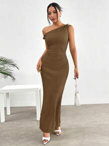 SHEIN EZwear Summer Jacquard Knit Metal Buckle Decor Oblique Shoulder Long Dress - Brown - View 6
