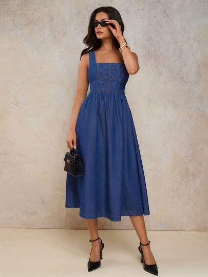 COSMINA 女式夏季方领荷叶边无袖休闲牛仔连衣裙