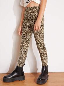 SHEIN Tween Girls Leopard Print Elasticated Waist Skinny Fit Leggings - Multicolor - View 4