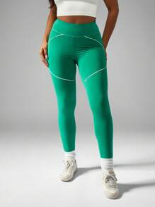 MISSGUIDED 高性能高腰运动紧身裤，带撞色滚边，健身裤，吸湿排汗，跑步健身瑜伽裤 - 綠色 - 查看 7