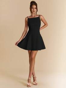 SHEIN BAE Váy suông hở lưng màu trắng thanh lịch, phù hợp cho hẹn hò, nghỉ mát, lễ hội âm nhạc, sinh nhật, tiệc trưa, khách dự tiệc cưới, phù dâu, mùa xuân/hè - màu đen - Xem 5