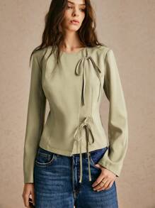 Poéselle Women's Green Lace-Up Solid Color Front Tie Long Sleeve Casual Regular Jacket, Button Detailing At Sleeves, Asymmetric Tie Placket Autumn Winter