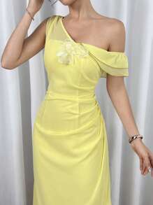 Modelyn 女士优雅碎花细肩带雪纺连衣裙，浅黄色，时尚专属派对礼服 - Butter Yellow - 查看 4