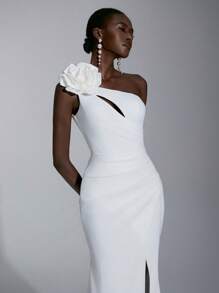 Elitara White Spring Elegant Formal Party Dress,Stretchy Knitted Asymmetric Shoulder Detachable 3D Floral Ruched Fishtail High Slit Extra Long Bridal Train - White - View 5