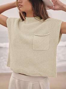 Calvaya Women's Solid Color Short Sleeve Knitted Top With Stand Collar For Leisure And Vacation - Apricot - View 5