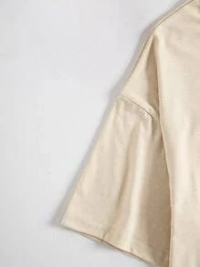 INAWLY Áo thun nữ cổ tròn in họa tiết hoạt hình mùa hè cỡ lớn có khẩu hiệu và tay áo trễ vai - Màu Khaki - Xem 5