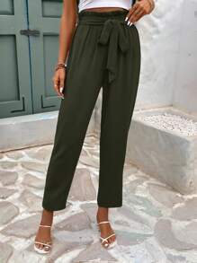 SHEIN Frenchy Jednolity Kolor Pasek Papierowy Pasek Luźne Spodnie Na Wakacje - Wojskowa Zieleń - Zobacz 7
