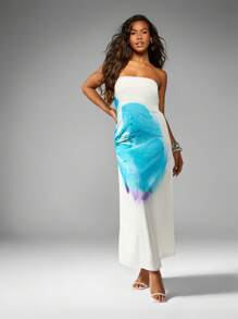 MISSGUIDED Wasserfarbendruck trägerloser Maxikleid im Empirestil mit Säulenschnitt, für Resort, Abendparty, Hochzeitsgast, Sommer, fließend