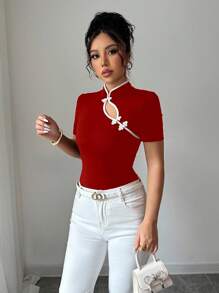 Elenzga Camiseta de manga corta de verano con cuello alto ajustada y logo de Tencent para mujer - Rosa Roja - Ver 4