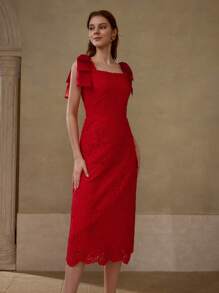 MOTF PREMIUM VÁY MIDI CỔ VUÔNG REN GUIPURE CÓ NƠ KHÔNG CÓ THẮT LƯNG - Đỏ - Xem 6