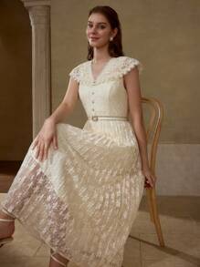 MOTF PREMIUM 优雅修身蕾丝拼接百褶连衣裙 - 杏色 - 查看 2