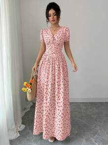 Elenzga Elegant Women's Summer Elegant Elastic Waist Puffed Sleeve Women's Long Dress, Maxi Dress. Dành cho mùa xuân/hè, trang phục hòa nhạc cho nữ, thanh lịch phù hợp để đi làm hàng ngày, lễ hội âm nhạc, trang phục ngày lễ/váy xếp nếp/hoa đồng quê/phong cách đồng quê hoa màu be 03/đồng quê/hoa - Hồng - Xem 3