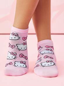 HELLO KITTY AND FRIENDS | SHEIN 4 双可爱猫咪图案柔软透气吸湿排汗女士短袜，加固脚趾和脚跟，适合所有季节，粉色和白色 - 粉色 - 查看 7