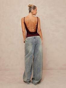 Lumalex Draped Neck Cami Top With Metal Chain Decor, Backless Waist Cinched - Burgundy - View 2