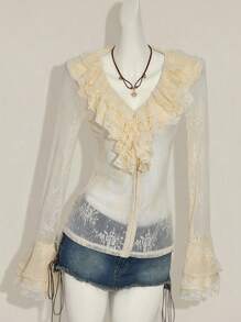 SHEIN ICON Y2k Phụ nữ đi chơi mùa thu Tây Boho Sexy Hippie Beige Goth Màu trơn Tay dài ren xuyên thấu Áo cánh cổ chữ V xếp nếp - Màu be - Xem 4