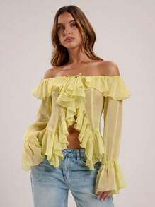 SHEIN BAE 女式纯色荷叶边露肩长袖开衩时尚衬衫 - 黃色 - 查看 6