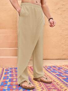 Manfinity VCAY Men's Woven Casual Loose Fit Solid Elastic Waist Straight Leg Pants - Coffee Brown - View 5