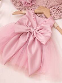 SHEIN 2 件套新生儿女童珍珠风格连衣裙配玫瑰花头带婴儿拍照服装婴儿 1 个月 100 天拍照服装