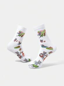 TOM & JERRY X SHEIN 1 pereche de șosete albe cu model de desene animate până la jumătatea gambei pentru femei