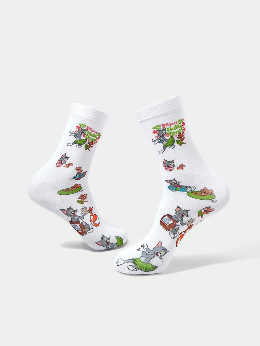 TOM & JERRY X SHEIN 1 pereche de șosete albe cu model de desene animate până la jumătatea gambei pentru femei