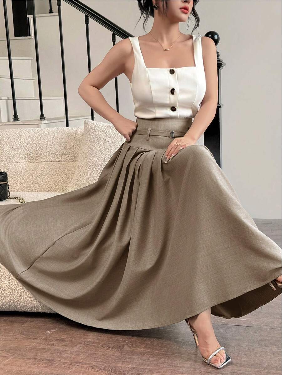 Modelyn 女士优雅通勤纯色褶皱喇叭裙 - 駝色 - 查看 1
