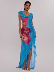 MUSERA V领荷叶边领口印花网纱不对称下摆开衩长裙，适合夏季度假、婚礼、毕业典礼、正式场合、假日、夜晚外出、约会等场合，优雅长裙。 - 彩色 - 查看 1