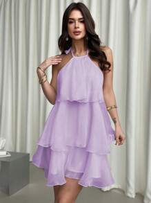 Firerie 优雅浪漫约会之夜露背多层下摆白色欧根纱挂脖 A 字连衣裙，情人节礼物