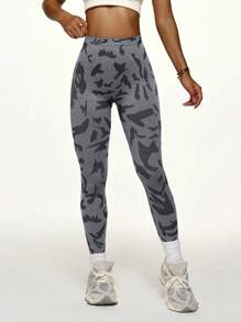 Gameset SHEIN Sport 女士高腰简约无缝运动紧身裤，休闲日常瑜伽裤 - 灰色 - 查看 5