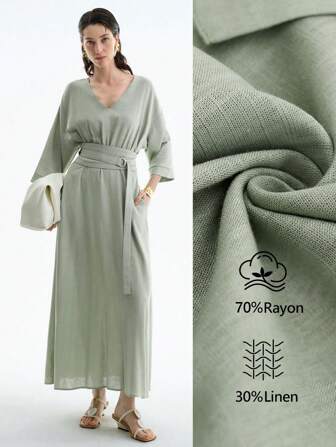 Aalyst Vestido midi de línea A con cuello en V de fibra de bambú de unicolor, decoración de anillo de cintura vintage, para mujer, elegante, al estilo francés, minimalista, de alta gama, versátil para oficina/transporte/playa/festival musical