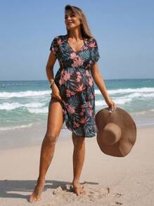 SHEIN Sukienka ciążowa z nadrukiem roślin tropikalnych i rękawami w kształcie nietoperza, idealna na podróż i wakacje