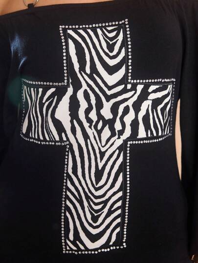 J-Fashion Camiseta de Body con estampado de cebra, adorno de strass en forma de cruz y mangas de murciélago, de estilo retro Y2K para mujeres