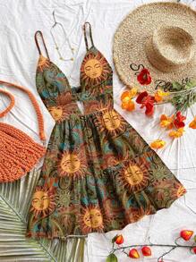 Soleia 休闲假日风格绿色太阳神佩斯利腰果复古图案女式休闲假日 V 领镂空露背荷叶边迷你连衣裙，适合夏季、度假 - 彩色 - 查看 5
