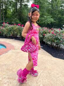 SHEIN Young Girl Casual Fashion Street Style Square Neck Tie-Dye Printed Snug Fit Pink Dress - Pink - View 5