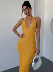 SHEIN Privé 情人节新款优雅浪漫约会无袖V领纹理杏色修腰修身连衣裙，春夏 - 黃色 - 查看 6