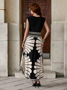 Solivie 黑色杏色度假花卉印花松紧腰不对称下摆修身女裙，适合度假、休闲、夏季 - 黑色 - 查看 5