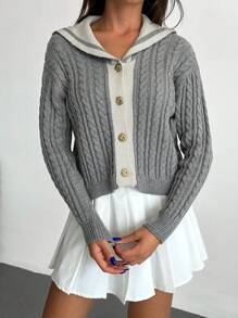 EURMUSE Women Cable Knit Pattern Front Button Chunky Cardigan,Long Cardigans Woman,Petite Cardigans,Cardigans - Grey - View 3