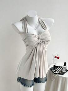 Comfortcana Áo hở lưng màu mơ cho nữ - Màu be - Xem 5