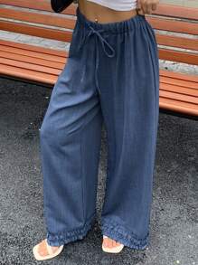 Livesso Women's Summer Frill Trim Drawstring Waist Loose Casual Pants - Blue - View 5