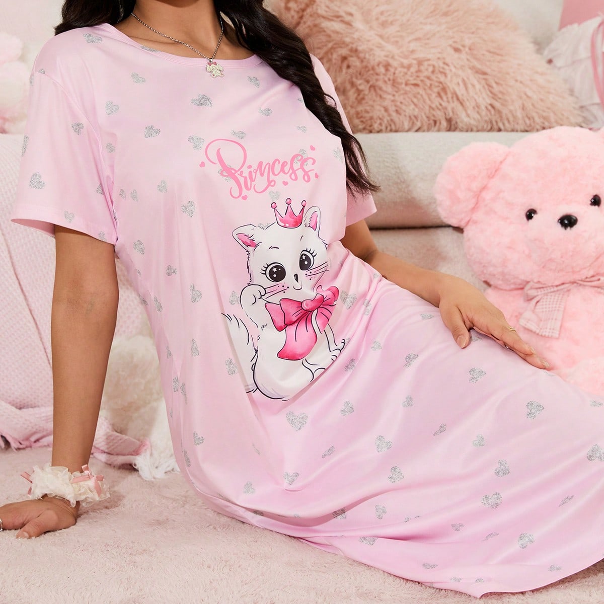 Camisón de mujer con estampado de gato y lazo, de cuello redondo y longitud hasta la rodilla, tipo "Moo Moo"