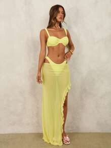 Swim Chiccia 3 件套女士度假比基尼泳装套装（含裙装），性感优雅浪漫纯黄色波西米亚风格女士泳衣沙滩装，适合夏季 - 黃色 - 查看 5