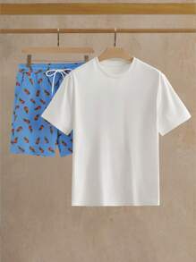 Manfinity NXTstreet 2 件套男士休闲菠萝印花宽松落肩 T 恤和短裤套装，适合日常穿着 - 彩色 - 查看 5