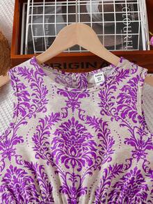 Tween Girl Retro Print 2 In 1 Jumpsuit, Vacation Style - Purple - View 5