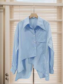 SHEIN EZwear Áo sơ mi tay dài rộng thùng thình màu trơn đơn giản không đối xứng cho nữ cỡ lớn - Màu xanh lam - Xem 3