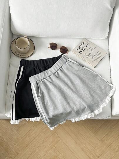 2pcs/Set Tween Girls Elastic Waist Solid Color Ribbon Trim Casual Mini Skirts, Summer