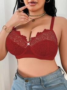 SHEIN 1pc Plus Size Embroidered Patchwork Underwire Bra, Lift - Red - View 5