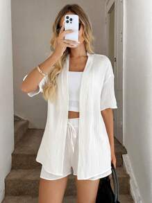 Easowa Bộ đồ kimono cotton trắng nhăn + quần short, trang phục đi nghỉ thường ngày cho mùa xuân/hè - trắng - Xem 6
