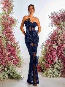 Glamrae 优雅 V 领无袖荷叶边长款女士正式晚礼服，黑色和红色 - 藏蓝色 - 查看 2