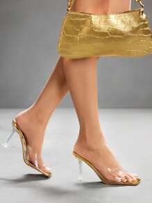 CUCCOO SZL Fashion Metallic Gold Peep Toe Clear Strap High Yellow Heel Sandals, Suitable For Commute, Date, Wedding, Party - Gold - View 4