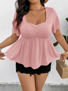 SHEIN Frenchy Top/Camiseta de manga corta con volantes en el bajo, de estilo bohemio/boho, en unicolor, para mujer de talla grande - Rosa Pálido - Ver 6